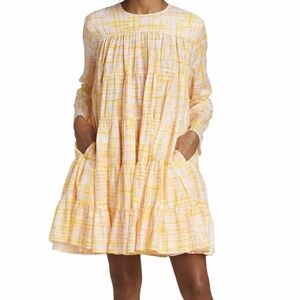 Merlette Soliman Tiered Pink and Yellow Cotton Mini Dress, Size Medium